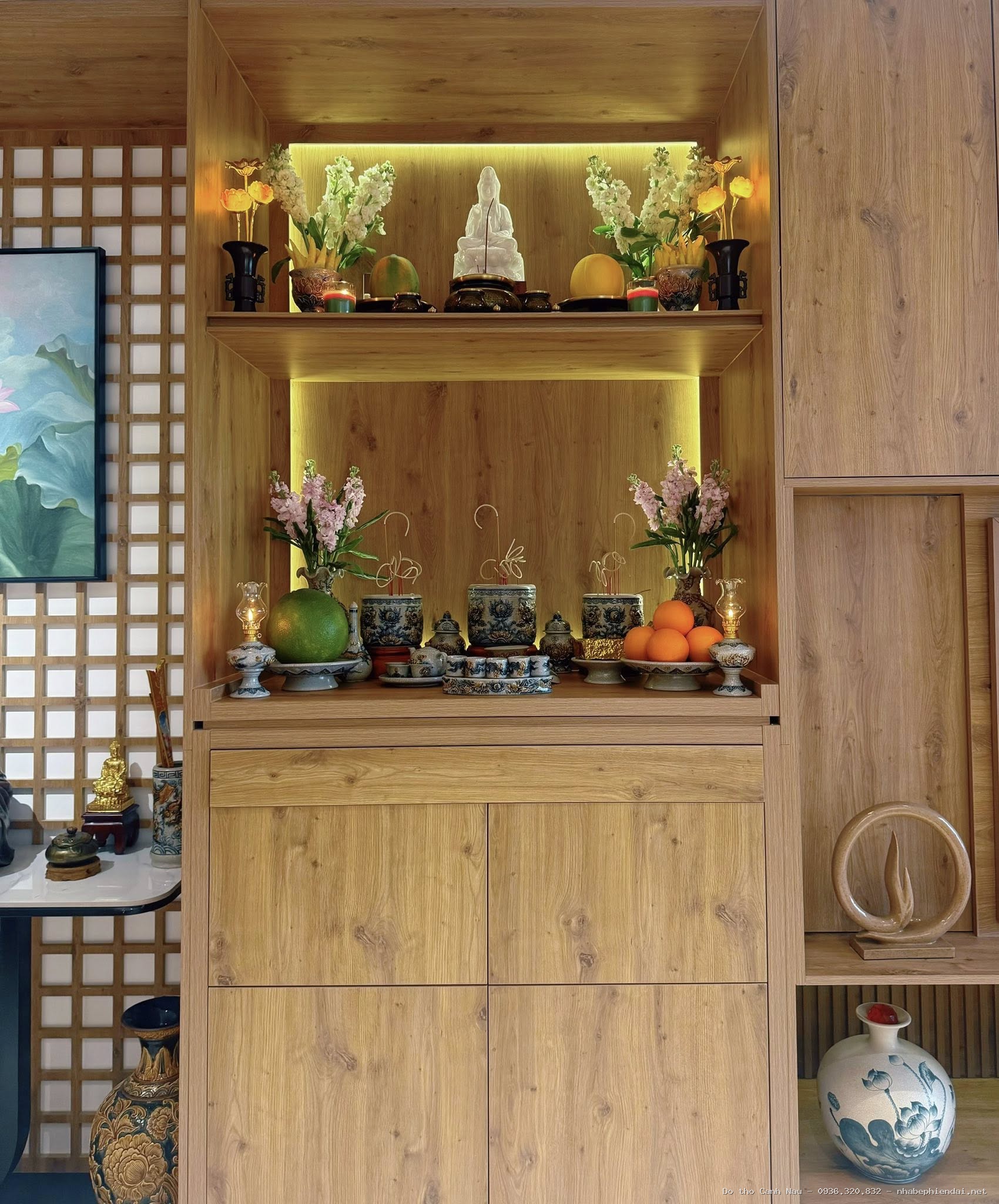 Bàn thờ Phật kết hợp Gia Tiên họa tiết Vạn Liên - Kho bàn thờ hiện đại